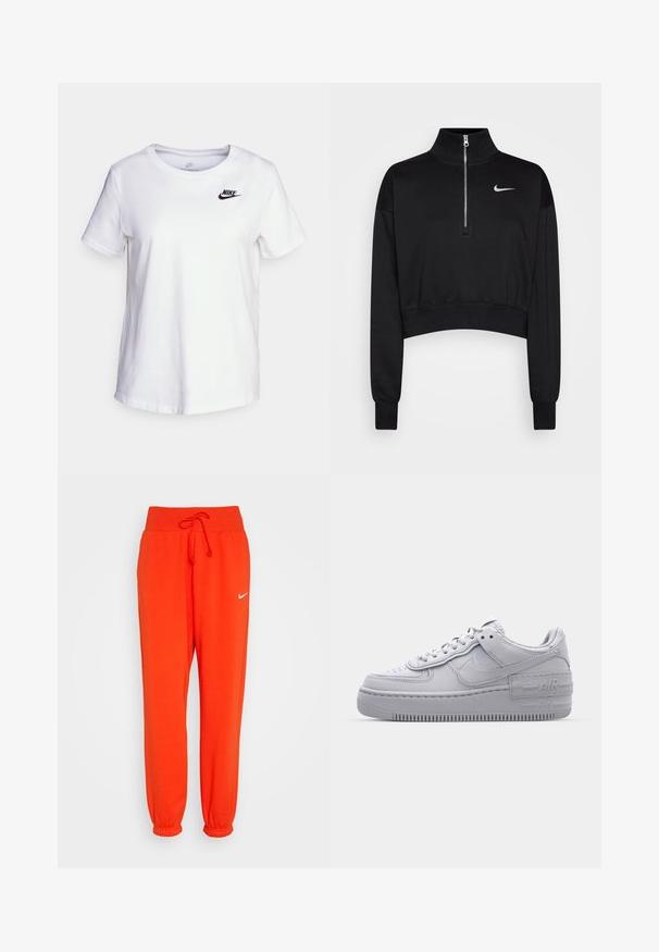 Schwarzer, kurzer Sweatshirt mit hohem Kragen, halbem Reißverschluss, gerippten Bündchen und kleinem weißen Nike-Logo auf der linken Brust. Weicher Stoff.; Weißes Baumwoll-T-Shirt mit Rundhalsausschnitt und kurzen Ärmeln. Mit einem schwarzen Nike-Logo auf der oberen linken Brustseite.; Nike Sportswear W PHNX FLC HR OS - Jogginghose - picante red/sail; Graue Nike Air Force 1 Sneaker mit perforierter Zehenpartie, Obermaterial aus glattem Leder, dicker Sohle und geprägtem 'AIR'-Detail an der Ferse.