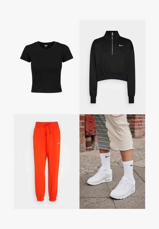Schwarzer, kurzer Sweatshirt mit hohem Kragen, halbem Reißverschluss, gerippten Bündchen und kleinem weißen Nike-Logo auf der linken Brust. Weicher Stoff.; Schwarzes Kurzarm-T-Shirt aus glattem Baumwollmaterial mit rundem Halsausschnitt und taillierter Form. Keine sichtbaren Muster oder Akzente.; Nike Sportswear W PHNX FLC HR OS - Jogginghose - picante red/sail; Weiße Nike Air Max 90 Sneakers mit Obermaterial aus Mesh und Leder, ausgestattet mit einer sichtbaren Air-Einheit, kombiniert mit weißen gerippten Socken mit schwarzem Logo.