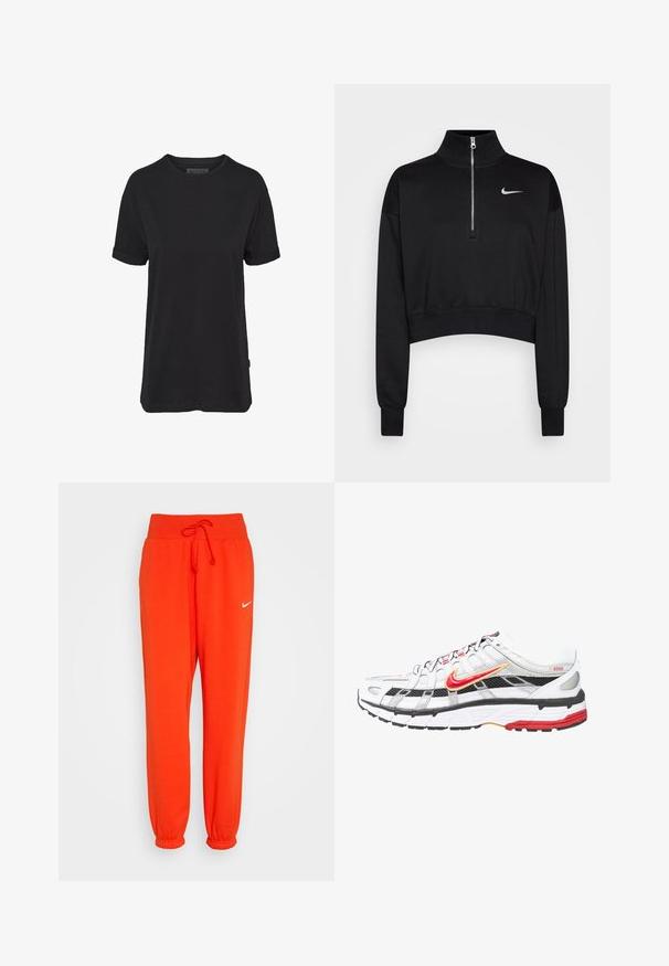 Sort cropped sweatshirt med høje krave, halv lynlås, ribbede manchetter og et lille hvidt Nike-logo på venstre bryst. Blød stoftekstur.; Sort bomulds T-shirt med korte ærmer, rund halsudskæring og oprullede manchetter; har et diskret mærketræk på sidekanten.; Nike Sportswear W PHNX FLC HR OS - Træningsbukser - picante red/sail; Hvide og sorte atletiske sko med røde og gyldne accenter. Har en mesh-overdel, polstret sål og et sikkert snøredesign.
