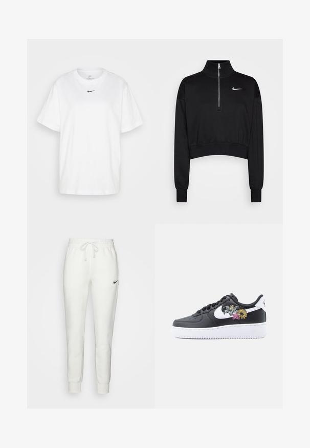 Čierny skrátený sveter s vysokým golierom, polovičným zipsom, rebrovanými manžetami a malým bielym logom Nike na ľavej hrudi. Mäkká textúra látky.; Biela bavlnená tričko s okrúhlym výstrihom, krátkymi rukávmi a čiernym logom Nike potlačeným na hrudníku. Jednoduchý a klasický dizajn.; Biele bavlnené teplákové nohavice s elastickým pásom, šnúrkou a čiernym logom Nike na ľavej strane. Úzke manžety na členkoch.; Čierna kožená teniska s bielou podrážkou, zdobená kvetinovou výšivkou na boku, čiernymi šnúrkami a logom Nike Swoosh.