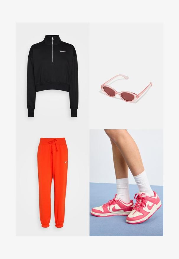 Čierny skrátený sveter s vysokým golierom, polovičným zipsom, rebrovanými manžetami a malým bielym logom Nike na ľavej hrudi. Mäkká textúra látky.; Nike Sportswear W PHNX FLC HR OS - Tepláky - picante red/sail; Nike tenisky s ružovou a krémovou kožou, perforovanou špičkou, šnúrkami a bielymi ponožkami. Obsahujú logo na strane a päte, plochý dizajn podrážky.; Ružové priehľadné slnečné okuliare s oválnymi šošovkami, tmavočerveným tónovaním a štíhlymi ramenami, so hladkým povrchom a jemnými detailmi na ráme.