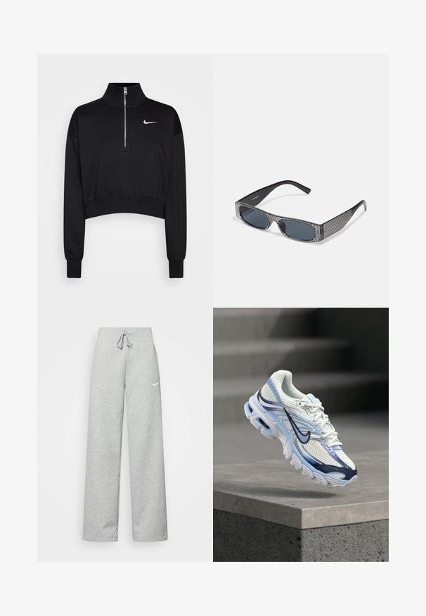 Svart kortermet genser med høy krage, halvdirkjenning, ribbede mansjetter og en liten hvit Nike-logo på venstre bryst. Myk stofftekstur.; Grå joggebukser med elastisk midje, snøring og en liten hvit Nike-logo på venstre lår. Mykt stoff, løs passform.; Hvit og lyseblå treningssko med mørkeblå Swoosh-logo som svever over en grå betongblokk.; Sorte solbriller med grå linser, med et rutenett av små metalliske rhinestones langs rammene. Glatt overflate, vinkelriktig design.
