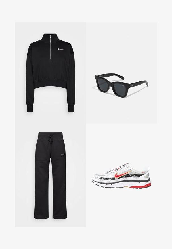 Schwarzer, kurzer Sweatshirt mit hohem Kragen, halbem Reißverschluss, gerippten Bündchen und kleinem weißen Nike-Logo auf der linken Brust. Weicher Stoff.; Schwarze Sweatpants aus einem Baumwollmix, mit einem Kordelzugbund, geraden Beinen und einem weißen Nike-Logo auf der linken Seite.; Weiße und schwarze Sportschuhe mit roten und goldenen Akzenten. Sie besitzen ein Obermaterial aus Mesh, eine gepolsterte Sohle und ein sicheres Schnürdesign.; Schwarze rechteckige Sonnenbrille mit glattem Kunststoffrahmen und dunklen Gläsern. "QUAY"-Logo auf der Seite in Weiß. Minimalistisches Design.