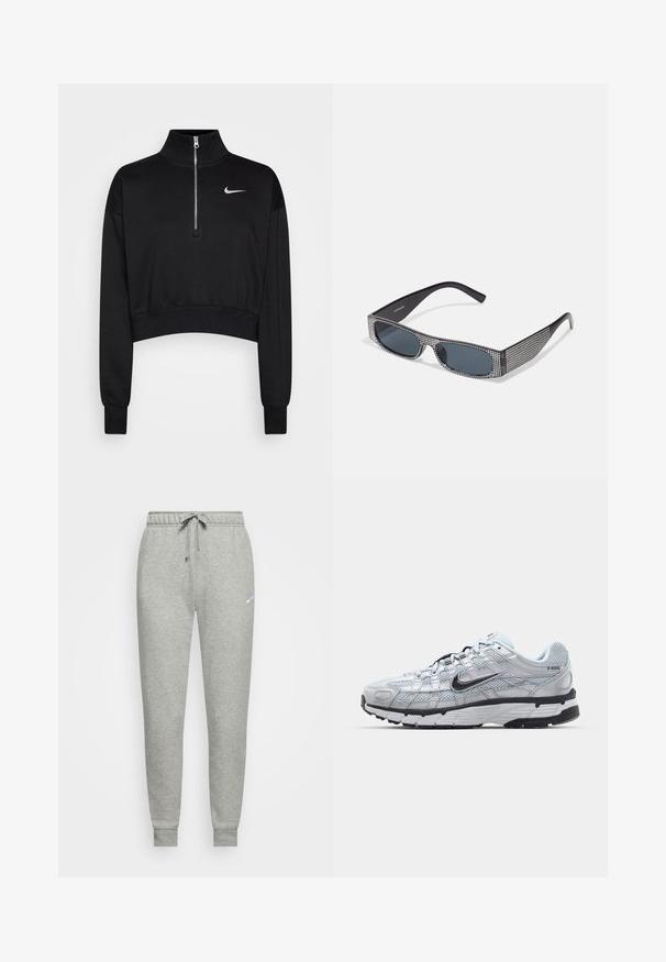Svart kortermet genser med høy krage, halvdirkjenning, ribbede mansjetter og en liten hvit Nike-logo på venstre bryst. Myk stofftekstur.; Grå joggebukser laget av mykt stoff, med elastisk midje med snøring, ribbete mansjetter og en liten logo på venstre lår.; Nike P-6000 sneakers med en lys grå mesh-overdel, sorte detaljer og en slitesterk svart gummisåle. Har et intrikat design og snøresystem.; Sorte solbriller med grå linser, med et rutenett av små metalliske rhinestones langs rammene. Glatt overflate, vinkelriktig design.