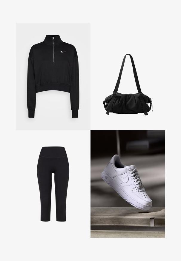 Schwarzer, kurzer Sweatshirt mit hohem Kragen, halbem Reißverschluss, gerippten Bündchen und kleinem weißen Nike-Logo auf der linken Brust. Weicher Stoff.; Schwarze 3/4-Leggings aus dehnbarem Material mit hohem Taillenbund und ohne sichtbare Muster oder Hardware.; Weißer Nike Air Force 1 Sneaker schwebt über einer Betonoberfläche mit Schatten in einem minimalistischen Umfeld.; Schwarze, gepolsterte Umhängetasche mit verstellbaren Trägern und Reißverschluss, vor weißem Hintergrund gezeigt.