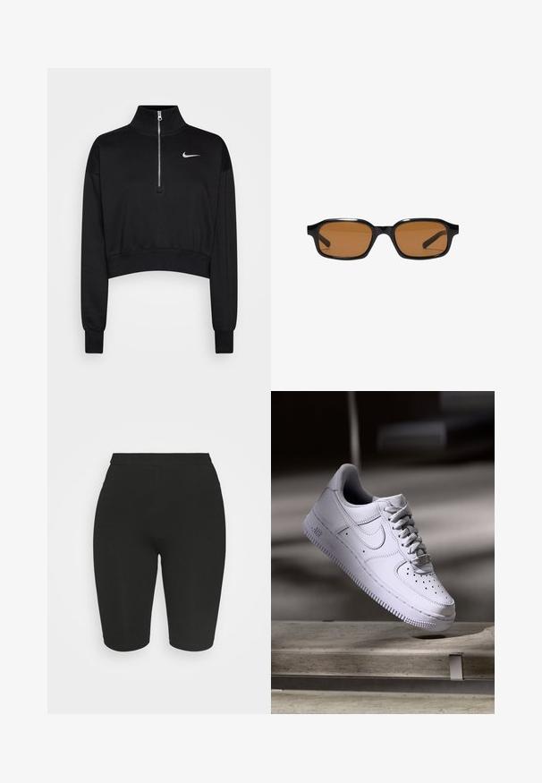 Sweatshirt noir court avec un col haut, fermeture à moitié zippée, poignets en côte et un petit logo Nike blanc sur la poitrine gauche. Texture de tissu doux.; Shorts de cyclisme noirs avec un design ajusté, une taille élastique et une texture lisse. La longueur tombe au-dessus du genou. Pas de motifs ou d'embellissements visibles.; Baskets Nike Air Force 1 blanches lévitant au-dessus d'une surface en béton avec des ombres dans un cadre minimaliste.; Lunettes de soleil rectangulaires noires avec des montures épaisses et des verres teintés marron, vues de face sur un fond blanc.