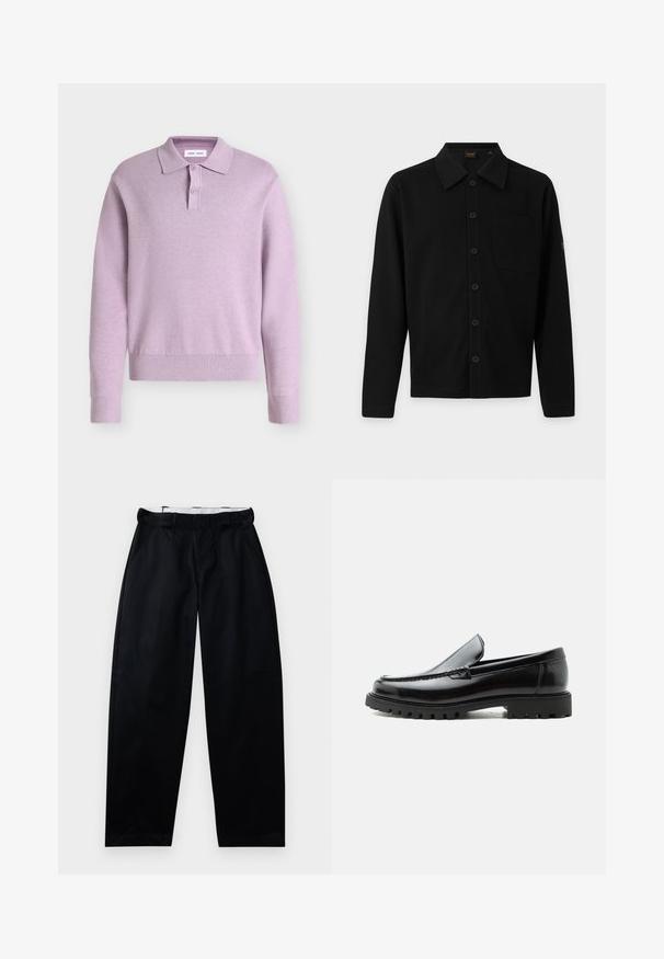 Pull polo en maille à manches longues lilas avec deux boutons sur la patte et poignets et ourlet en côtes, sur fond uni.; Chemise noire à manches longues avec boutons, col et poche poitrine, présentée à plat sur un fond gris clair.; Pantalon noir avec une texture lisse, jambes larges et une taille avec passants de ceinture. Conçu avec des poches latérales et une finition soignée.; Mocassin en cuir noir avec semelle en caoutchouc épaisse, dessus cousu et nom de marque embossé sur le talon, présenté de profil sur fond blanc.