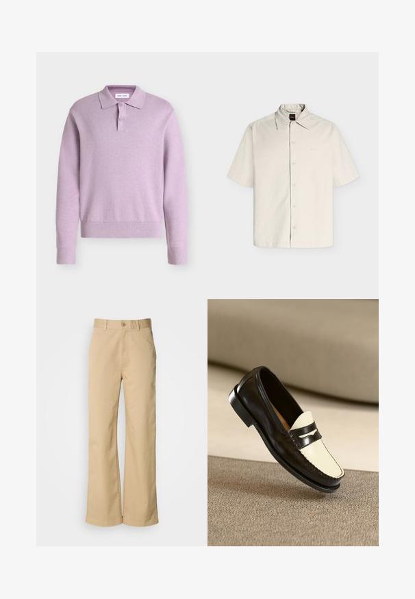 Lilla langærmet strikket polo sweater med to knapper på stolpelukningen og ribstrikkede manchetter og bund på ensfarvet baggrund.; Beige kortærmet skjorte med knapper, spids krave og diskret mærkelogo på venstre bryst.; Beige, vidde bukser lavet af en bomuldsblanding. Har en knaplukning og bæltestropper. Glat tekstur med minimale syninger.; Sort læderloafer med en cremefarvet vamp og sorte accentstriber, som har en lav hæl og detaljeret syning langs kanterne.