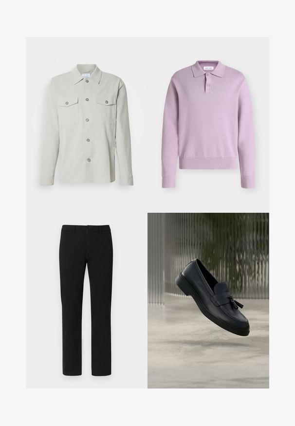Pull polo en maille à manches longues lilas avec deux boutons sur la patte et poignets et ourlet en côtes, sur fond uni.; Chemise boutonnée gris clair, en tissu texturé, avec un col, deux poches poitrine et cinq boutons sur le devant.; Chinos noirs à coupe droite, fabriqués en mélange de coton lisse, avec passants pour ceinture et fermeture avant par bouton.; Mocassins en cuir noir avec une texture lisse, un bout arrondi et des pampilles décoratives à l'avant. Semelle en caoutchouc flexible avec un petit talon.