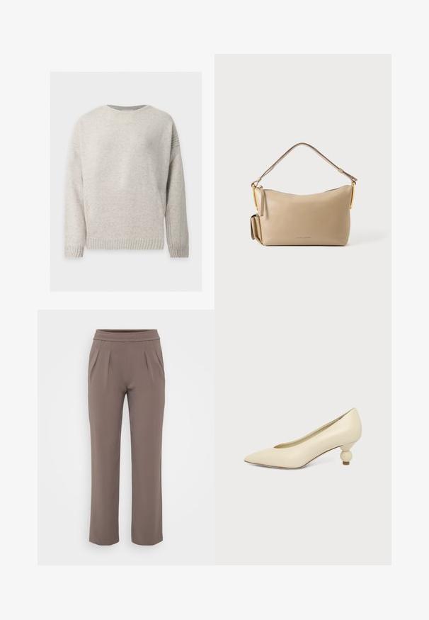 Jersey de punto de manga larga de color gris claro con puños, bajo y cuello redondo acanalados, mostrado sobre un fondo blanco.; Pantalones sueltos color topo con cinturilla elástica y pliegues frontales, hechos de una tela suave.; Zapato de mujer color crema con punta afilada y tacón bajo, con tacón redondo en forma de bola, sobre un fondo liso.; Bolso de mano rectangular de piel beige con una sola correa, herrajes dorados y un pequeño bolsillo lateral, con la marca Marc Jacobs en el centro delantero.