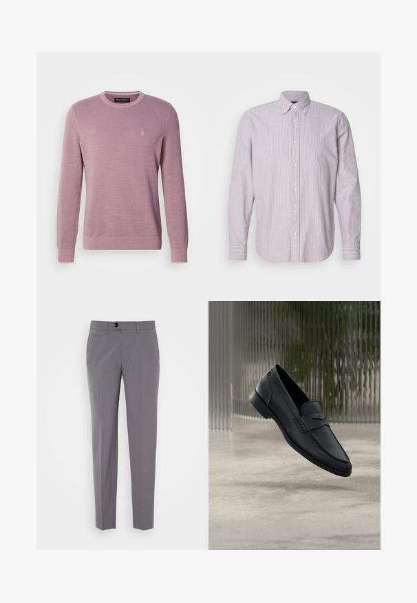 Suéter de punto color lila claro con cuello redondo, mangas largas, puños y bajo acanalados, que presenta un logotipo sutil en el pecho.; Camisa abotonada de rayas en lila claro y blanco, fabricada en algodón, de mangas largas y con cuello abotonado, que presenta botones amarillos y aberturas laterales.; Pantalones grises a medida con una textura suave, diseño de pierna recta, cierre de un solo botón y bolsillos frontales. Sin patrones ni acentos visibles.; Zapato tipo mocasín de cuero negro con acabado liso, punta puntiaguda y detalles cosidos en la pala. Tacón bajo y diseño minimalista.