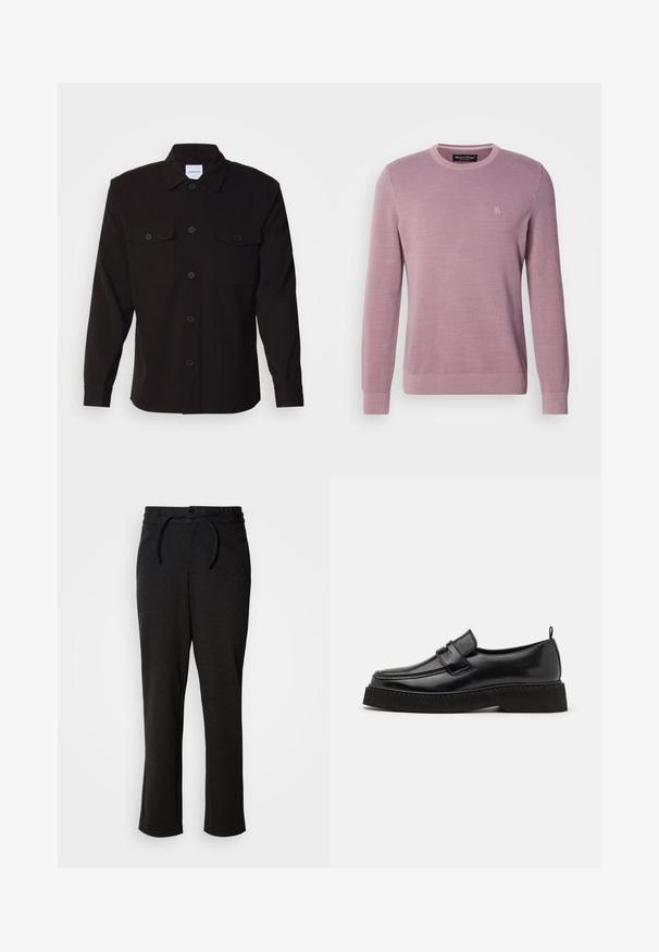 Lyse lilla strikket sweater med rund halsudskæring, lange ærmer, ribbede manchetter og kant, med et subtilt logo på brystet.; Sort skjorte med lange ærmer, knaplukning foran, to brystlommer og en struktureret krave. Fremstillet af et ensartet stof med en glat tekstur.; Sorte strikbukser med snoreliv, lige ben og sidelommer. Blød tekstur med en glat overflade.; Sorte læder loafersko i stil med flad, tekstureret sål, med en syet tå og en rem over vristen.