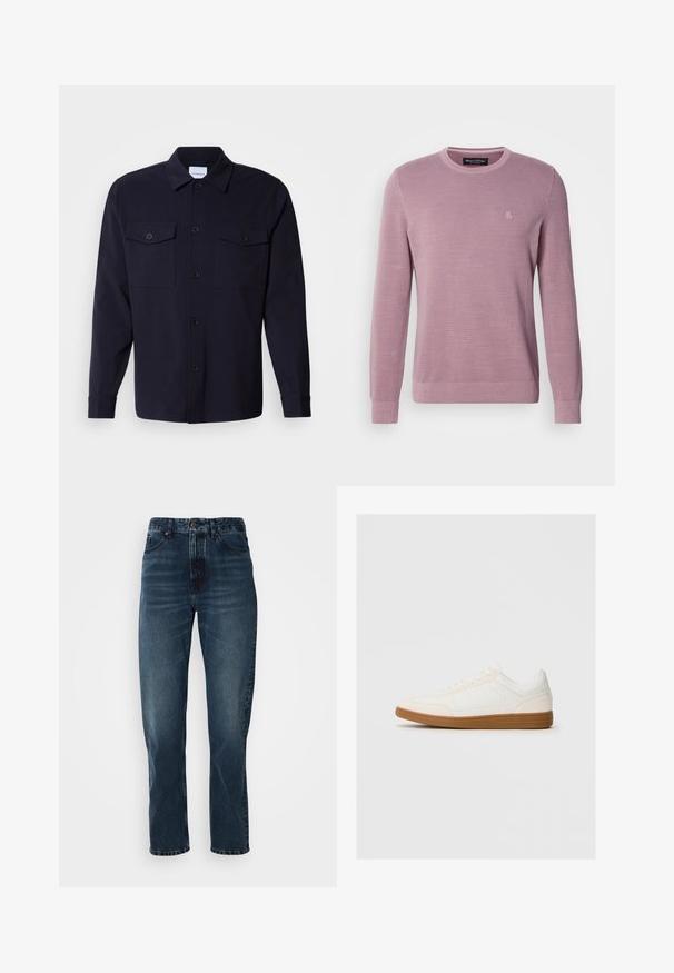 Lyse lilla strikket sweater med rund halsudskæring, lange ærmer, ribbede manchetter og kant, med et subtilt logo på brystet.; Marineblå skjortejakke lavet af blødt stof, der har to brystlommer, knaplukning foran og lange ærmer med knapmanchetter.; Mørkeblå lige bukser med frontknap og lynlås, fem-lomme design og subtil fading på lår og knæ.; Hvide sneakers med en ruskind tåspids, glat syntetisk overdel og tan gummisål. Har perforeringer på siderne for åndbarhed.