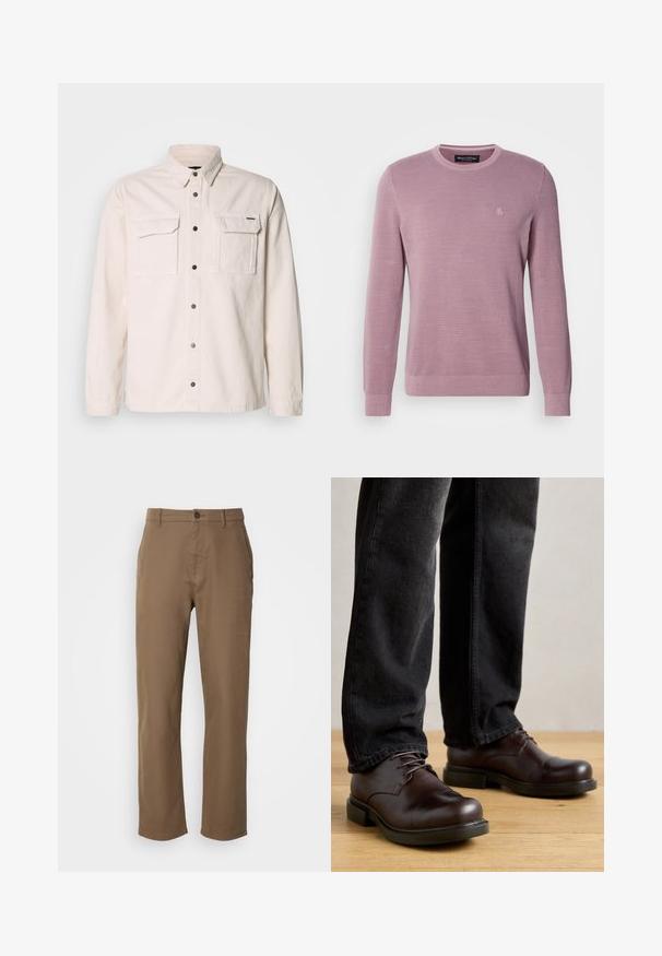 Suéter de punto color lila claro con cuello redondo, mangas largas, puños y bajo acanalados, que presenta un logotipo sutil en el pecho.; Camisa de manga larga en un tono beige claro, hecha de algodón, con dos bolsillos frontales, cierre de botones y un cuello clásico. Textura suave y diseño sencillo.; Pantalones de algodón marrones con corte recto, cierre de botón y bolsillos laterales. Presentan una textura suave y un diseño simple, sin adornos.; Zapatos de cuero marrón con puntera redondeada, diseño de cordones y suela de goma negra gruesa, combinados con pantalones de mezclilla oscuros.