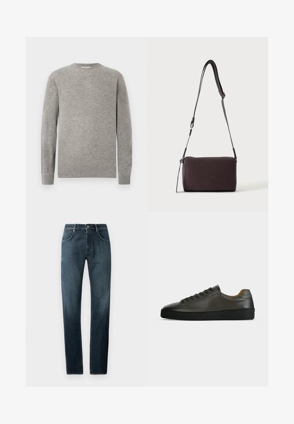 Grijze gebreide trui met een ronde hals, lange mouwen, geribbelde boorden en zoom. Glad textuur, minimalistisch ontwerp, geen zichtbare patronen.; Donkerdenim jeans met een rechte pasvorm, klassiek vijf-pocket ontwerp, contrasterende stiksels en een subtiele vervagingseffect bij de dijen.; Donkergrijze leren lage sneaker met zwarte veters en zool, minimalistisch ontwerp, zijaanzicht op een effen lichte achtergrond.; Donkerbruine gestructureerde leren crossbodytas met verstelbare riem en klein decoratief blauw accent aan de zijkant.