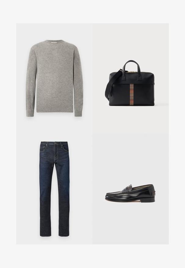 Grauer Strickpullover mit Rundhalsausschnitt, langen Ärmeln, gerippten Bündchen und Saum. Glatte Textur, minimalistisches Design, keine sichtbaren Muster.; Dunkelblaue gerade geschnittene Denim-Jeans mit vorderem Knopf, sichtbaren Nähten und einem Fünf-Taschen-Design auf weißem Hintergrund.; Schwarze Leder-Loafer mit Mokassin-Design, verziert mit einem dekorativen Band und Steppnähten am Obermaterial. Niedriger Blockabsatz.; Schwarze Leder-Aktentasche mit doppelten Griffen, abnehmbarem Schulterriemen und vertikalem, mehrfarbig gestreiftem Akzent in der vorderen Mitte.