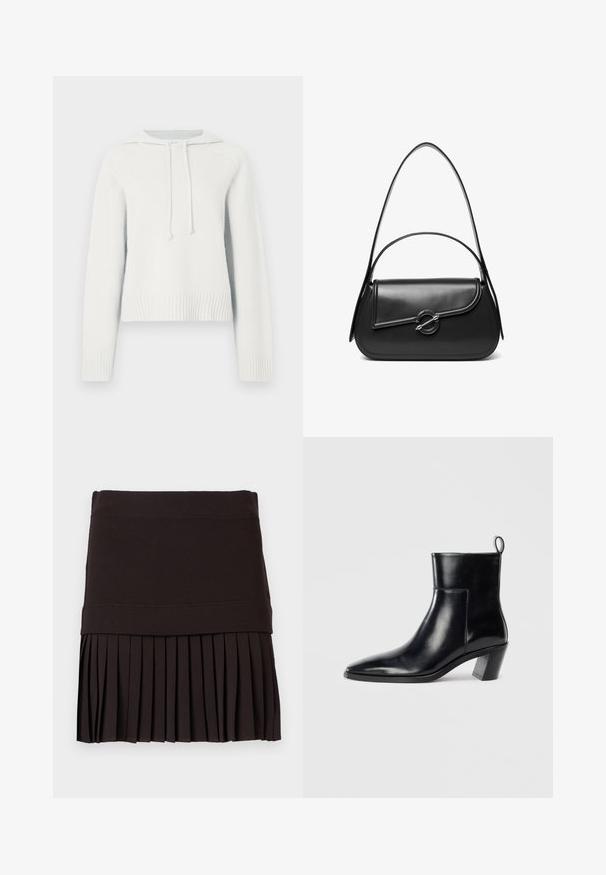 Sweatshirt à capuche blanche avec manches longues, poignets et ourlet côtelés, tissu texturé, cordons de serrage au niveau du col, et un design court.; Jupe noire avec une large ceinture et une partie inférieure plissée, étalée à plat sur un fond blanc.; Bottine en cuir noir avec un bout pointu, un talon empilé géométrique et une languette à l'arrière. Texture lisse et design épuré.; Sac à bandoulière en cuir noir avec un rabat incurvé fermé par un fermoir métallique rond et une sangle fine et ajustable.
