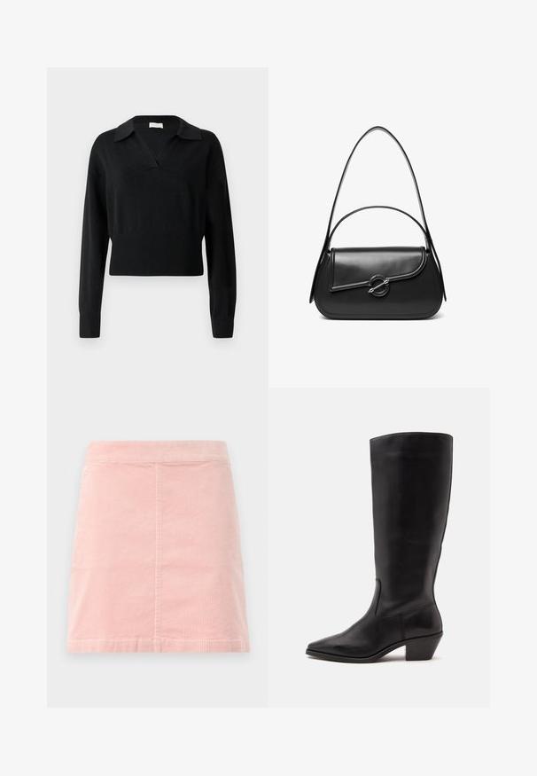 Sort strikket sweater med V-udskæring, lange ærmer og en croppet pasform. Har ribbet tekstur ved kant og ærmekanter.; Rosa corduroy mini nederdel med en tætsiddende talje og lodret ribbet tekstur. Den har en lige kant og har et simpelt design uden udsmykning.; Sort læderstøvle til midtkalv med spids tå og lavt skråt hæl på en enkel lys baggrund.; Sort skuldertaske i læder med en buet klap, der er fastgjort med en rund metal spænde, og en slank, justerbar rem.