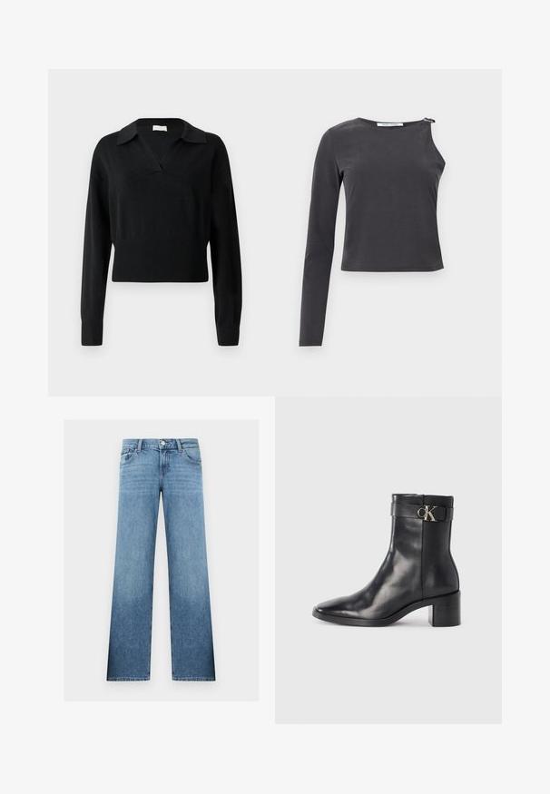 Pull noir en tricot avec un col en V, des manches longues et une coupe courte. Présente une texture côtelée à l'ourlet et aux poignets.; Haut noir asymétrique à manches longues, avec une manche complète et une côté sans manche, doté d'un détail zippé à l'épaule.; Jean en denim bleu clair à jambes droites avec bouton frontal, fermeture éclair, passants pour ceinture, ainsi que poches avant et arrière.; Botte de cheville en cuir noir avec un bout pointu, un talon carré et une sangle avec un détail de logo métallique. Texture lisse et design minimaliste.