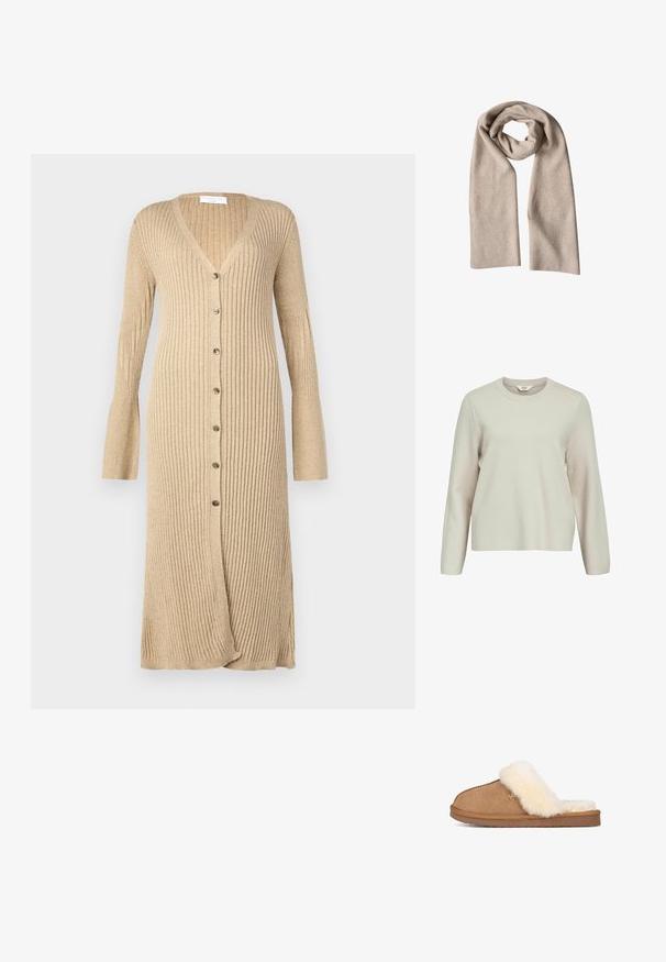 Suéter de manga larga beige claro con cuello redondo. Fabricado en material de punto texturizado, con hombros ligeramente caídos y un corte relajado.; Cardigan beige de canalé con mangas largas, cierre frontal de botones, escote en V y puños acampanados. Fabricado en un material de punto suave con un acabado texturizado.; Zapatilla marrón de ante para calzar, con un forro interior blanco grueso y esponjoso y suela de goma plana, mostrada de lado sobre un fondo blanco.; Bufanda beige de punto suave con extremos acanalados, doblada en un lazo suelto sobre un fondo blanco.