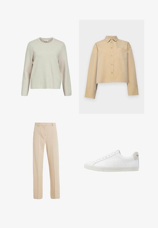 Pull beige clair à manches longues avec un col rond. Fabriqué en maille texturée, présentant des épaules légèrement tombantes et une coupe décontractée.; Chemise beige raccourcie en mélange de coton, dotée d'un col pointu, d'une fermeture à boutons et d'une petite poche poitrine avec broderie de logo.; Pantalons beige ajustés en tissu lisse, avec une coupe droite, des poches latérales et des détails de pli à l'avant.; Baskets en cuir blanc avec une semelle en caoutchouc texturée et blanc cassé. Les caractéristiques incluent des lacets, des coutures discrètes et un accent en daim gris au niveau du talon.