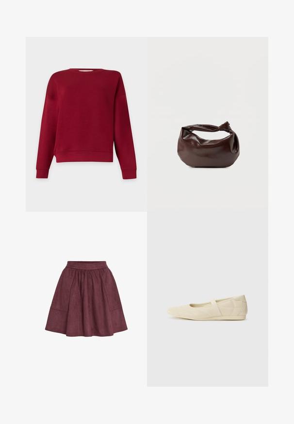 Schlichtes, langärmeliges Sweatshirt in Bordeaux mit Rundhalsausschnitt, auf weißem Hintergrund abgebildet, ohne sichtbare Logos oder Muster.; Bordauxfarbene Wildlederrock mit ausgestellter Form, elastischem Bund und zwei Seitentaschen. Er zeichnet sich durch eine weiche Textur und ein minimalistisches Design aus.; Beige Ballerinas aus glattem Leder mit mandelförmiger Zehenpartie und elastischem Riemen über dem Fußrücken, ausgestattet mit dezenten Nähtelementen.; Dunkelbraune Lederschultertasche mit weicher, lockerer Form und einem gedrehten Knotengriff vor schlichtem weißem Hintergrund.