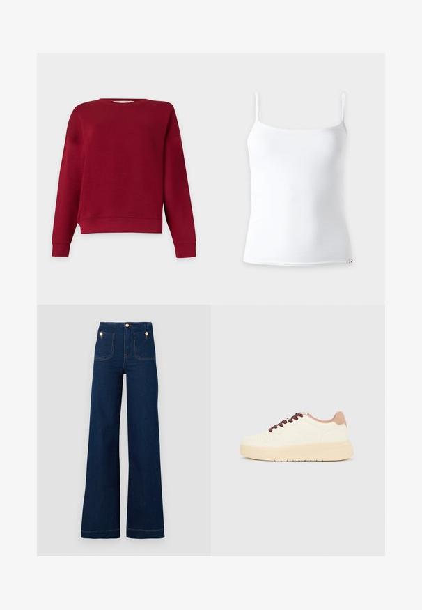 Sudadera burdeos de manga larga y cuello redondo, mostrada sobre fondo blanco, sin logotipos ni estampados visibles.; Camiseta de tirantes para mujer sin mangas en blanco, con tirantes finos y un diseño sencillo y ajustado sobre un fondo claro.; Jeans de tiro alto de pierna ancha en azul oscuro, con detalles de botones dorados, dos bolsillos en la parte delantera y trasera y costuras en contraste. Tejido de mezclilla texturizado.; Zapatilla deportiva beige de corte bajo con suela gruesa, puntera perforada, cuello trasero rosa y cordones marrón oscuro sobre un fondo liso gris claro.