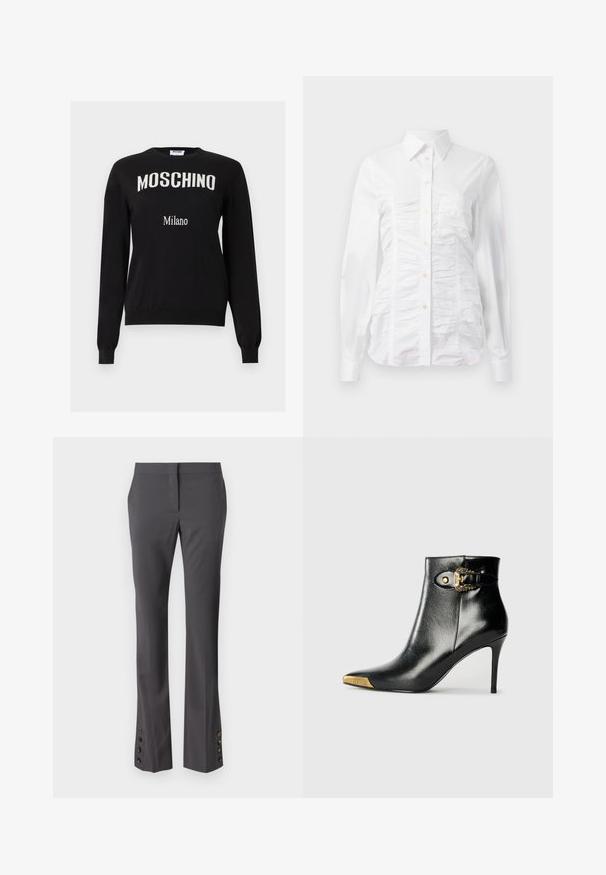 Pull noir à manches longues avec le texte "MOSCHINO" en arc de cercle blanc sur la poitrine et un texte "Milano" plus petit en dessous, col rond, poignets et ourlet côtelés.; Chemise blanche à manches longues avec un texture froncée sur le devant, petits boutons dorés et col standard.; Pantalon gris sur mesure avec une coupe droite, accents de boutons au bas, et une texture lisse. Doté d'un devant plat et de poches latérales.; Bottine noire en cuir brillant, avec un bout pointu, un talon aiguille, et des accessoires dorés ornés d'une boucle décorative.