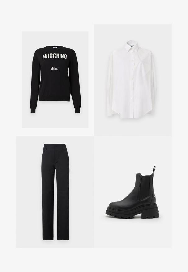 Sort langærmet sweater med hvid "MOSCHINO" buet over brystet og mindre tekst "Milano" nedenunder, rund halsudskæring, ribstrikkede ærmekanter og kant.; Hvid langærmet skjorte i letvævet stof med klassisk krave, knaplukning og hjerteformet lomme på venstre side.; Sorte bukser med høj talje og lige ben, der har brede bæltestropper, foran lynlås og skræddersyet pasform, velegnet til formelt eller kontorbrug.; Sorte chelsea støvler lavet af glat læder med elastiske sidepaneler, en tyk, rillede gummisål og en pull-tab bagpå.