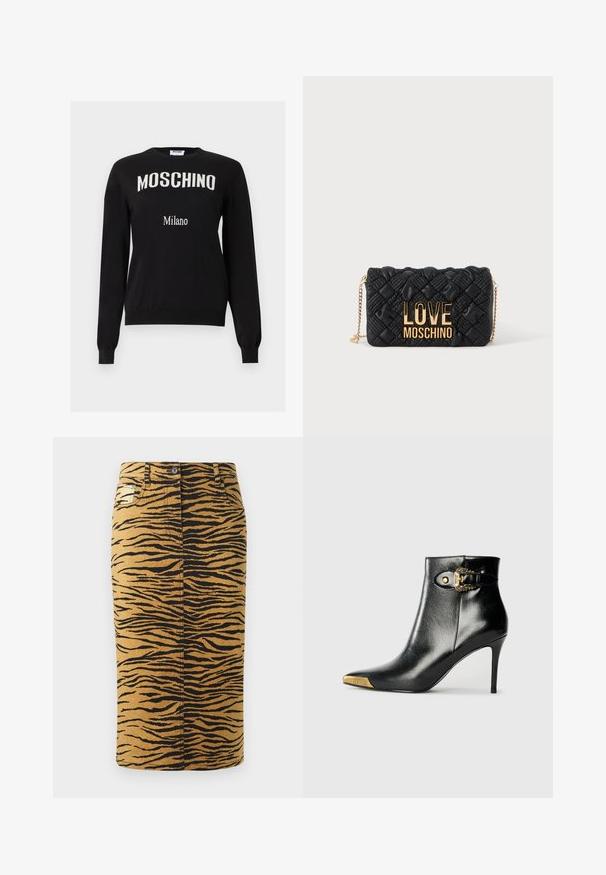Sort langærmet sweater med hvid "MOSCHINO" buet over brystet og mindre tekst "Milano" nedenunder, rund halsudskæring, ribstrikkede ærmekanter og kant.; Tigerstribet nederdel med en gylden baggrund og sorte mønstre. Lavet af denim, har den en lige pasform og inkluderer lommer.; Sort ankelstøvle lavet af skinnende læder med spids tå, stilet hæl og guldfarvet hardware med en dekorativ spænde-detalje.; Sort quiltet crossbody taske med guldkæde-rem og stort guld "LOVE MOSCHINO" logo foran.