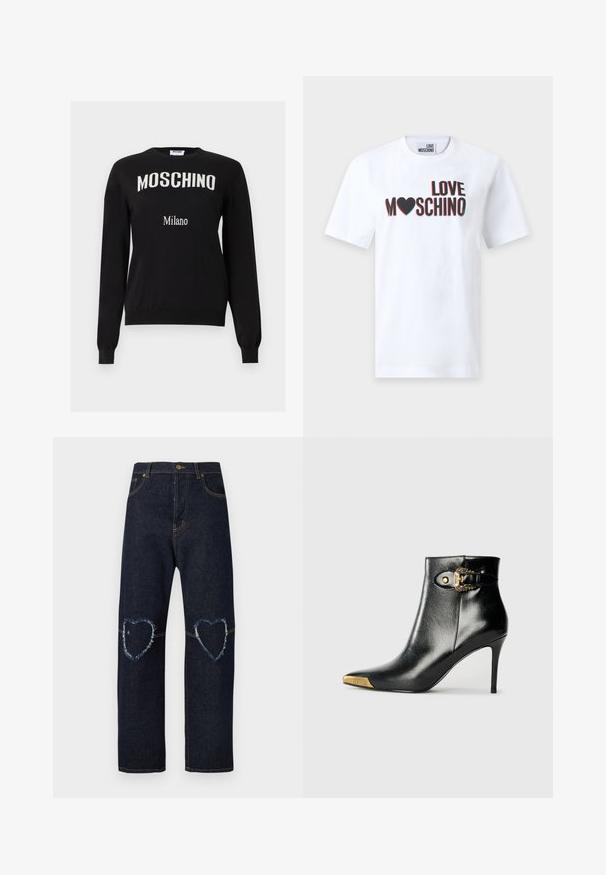 Pull noir à manches longues avec le texte "MOSCHINO" en arc de cercle blanc sur la poitrine et un texte "Milano" plus petit en dessous, col rond, poignets et ourlet côtelés.; T-shirt blanc à manches courtes avec le texte "LOVE MOSCHINO" et un cœur remplaçant le "O" dans "MOSCHINO" au centre devant.; Jean en denim bleu foncé avec jambes droites et patchs en forme de cœur usés sur les deux genoux.; Bottine noire en cuir brillant, avec un bout pointu, un talon aiguille, et des accessoires dorés ornés d'une boucle décorative.