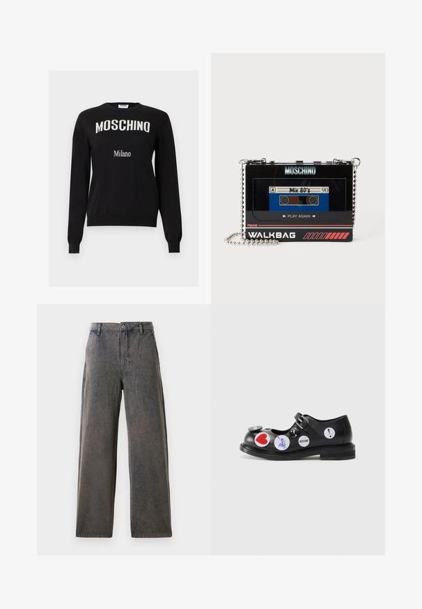 Zwarte trui met lange mouwen met witte "MOSCHINO" boogvormig op de borst en kleinere tekst "Milano" eronder, ronde hals, geribbelde manchetten en zoom.; Wijdvallende broek in een vervaagde grijze stof, met een knoopsluiting, riemlussen en zijzakken met een subtiele textuur.; Zwarte leren Mary Jane-schoen met een bandje en gespsluiting, versierd met verschillende ronde stickers in rode, blauwe en witte accenten. Vlakke zool.; Zwarte rechthoekige Moschino tas in de vorm van een vintage cassettebandje met zilveren kettingriem en "Mix 80's" cassette label.