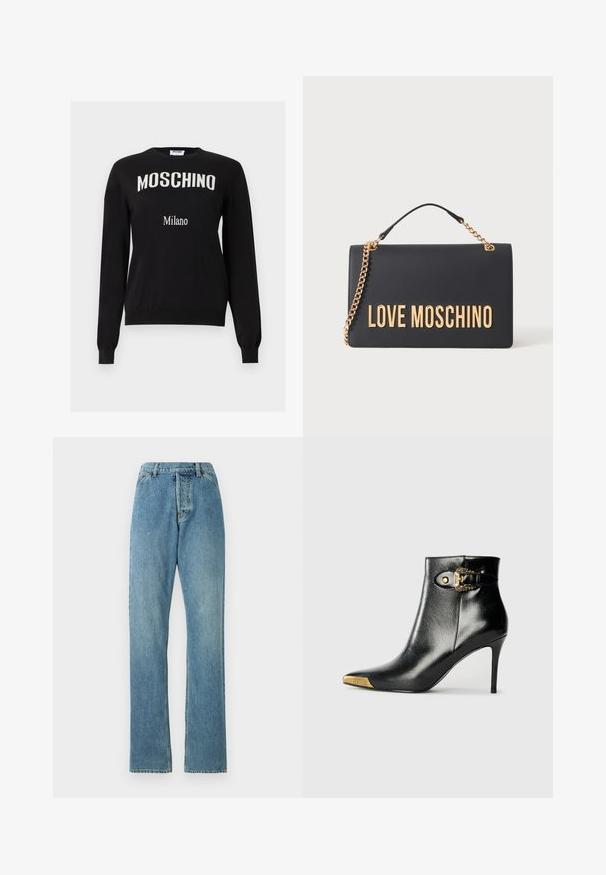 Čierny sveter s dlhým rukávom s bielym nápisom "MOSCHINO" v oblúku na hrudi a menším textom "Milano" pod ním, s okrúhlym výstrihom, rebrovanými manžetami a lemom.; Svetlomodré denimové džínsy s rovnými nohavicami, päť vrecami a viditeľným pásom. Štruktúra je mierne opotrebovaná, ale intaktná.; Čierna členková čižma z lesklej kože s špicatou špičkou, ihličkovým podpätkom a zlatými ozdobami vrátane dekoratívnej prackovej detaily.; Čierna obdĺžniková kabelka so zlatým retiazkovým remienkom a veľkými zlatými písmenami "LOVE MOSCHINO" vpredu.