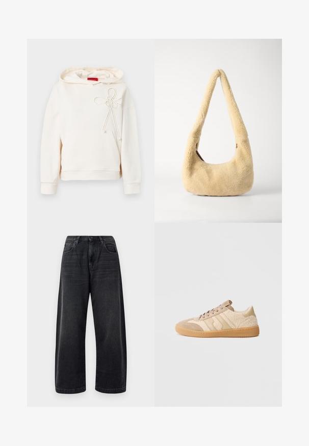 Cremefarvet hættetrøje med frontlomme og dekorativt reb-bånd detalje på brystet, med en rød mærkeetiket indeni kraven.; Bredde ben sorte jeans lavet af denim, med et klassisk fem-lomme design, subtil fading og en knaplukning i taljen.; Beige sneakers med en kombination af ruskind og tekstureret stof, med gummisål og kontrasterende beige striber. Rund snude og snørelukning.; Beige shearling skuldertaske med et buet håndtag og en afrundet form. Teksturen er blød og fyldig, med minimale hardware-details.