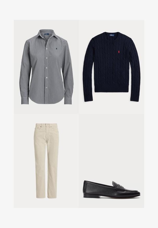 Pull bleu marine en maille torsadée à manches longues, col rond et logo rouge Polo Ralph Lauren sur la poitrine côté gauche.; Chemise à boutons rayée présentant des rayures verticales bleu marine et blanches, manches longues, col pointu et un petit logo sur la poitrine.; Pantalon en velours côtelé beige droit avec passants de ceinture, bouton à l'avant, fermeture éclair et poches avant.; Mocassin en cuir noir avec une finition texturée, doté d'une sangle décorative et d'un talon plat. Design épuré et minimal avec un bout arrondi.