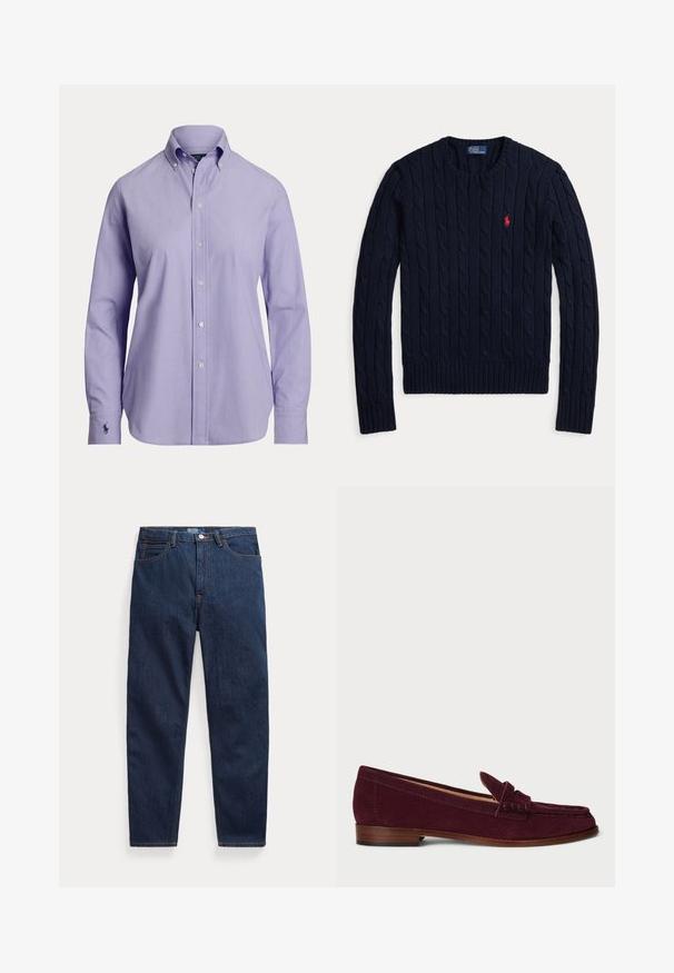 Navyblauer, kabelgestrickter Pullover mit langen Ärmeln, Rundhalsausschnitt und rotem Polo Ralph Lauren-Logo auf der linken Brust.; Hellviolettes Herren-Langarmhemd mit Knopfleiste, geknöpftem Kragen und gesticktem Logo auf der linken Manschette.; Dunkelblaue Jeans aus Denim mit fünf Taschen, Knopfverschluss und geradem Bein, flach auf weißem Hintergrund liegend.; Burgunderfarbene Wildleder-Loafer mit runder Zehenpartie, gestickten Details und einem kleinen Lederabsatz. Mit einem dekorativen Schleifenakzent.