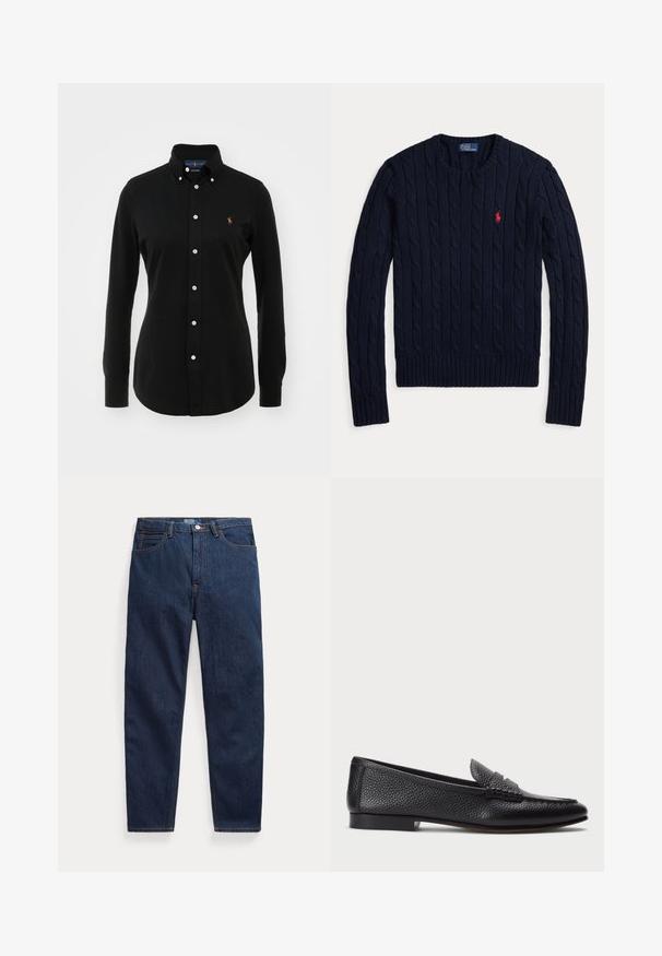 Navyblauer, kabelgestrickter Pullover mit langen Ärmeln, Rundhalsausschnitt und rotem Polo Ralph Lauren-Logo auf der linken Brust.; Schwarzes Langarmhemd aus Baumwolle mit Button-Down-Kragen, ausgestattet mit weißen Knöpfen und einem kleinen gestickten Logo auf der Brust.; Dunkelblaue Jeans aus Denim mit fünf Taschen, Knopfverschluss und geradem Bein, flach auf weißem Hintergrund liegend.; Schwarze Lederloafers mit strukturiertem Finish, ausgestattet mit einem dekorativen Riemen und flachem Absatz. Schlankes, minimales Design mit abgerundeter Spitze.
