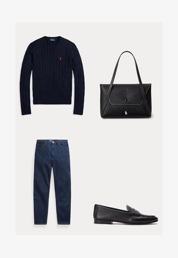 Tmavomodrý sveter so vzorom copov, s dlhým rukávom, okrúhlym výstrihom a červeným logom Polo Ralph Lauren na ľavej strane hrudníka.; Tmavomodré rifle z denimu s piatimi vreckami, zapínaním na gombíky a rovnými nohavicami, položené na bielom pozadí.; Čierny textúrovaný kožený mokasín s nízkym podpätkom a klasickým remienkom na mincu, zobrazený z profilu na jednoduchom svetlom pozadí.; Čierna textúrovaná kožená kabelka s jedným zapínacím očkom, dvoma ramennými popruhmi, bielym prešívaním a malým bielym logom koňa na prednej strane.
