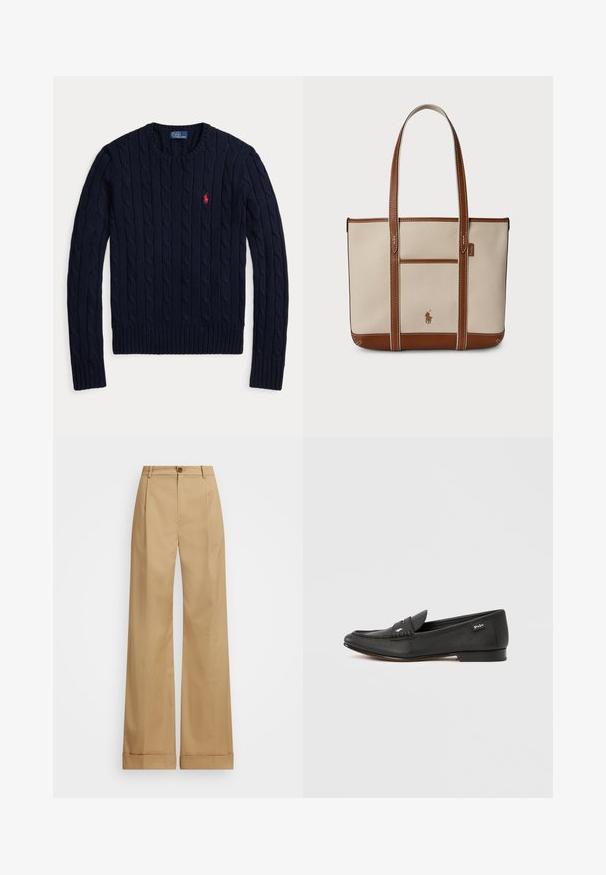 Laivastonsininen palmikkoneule pitkähihaisella, pyöreällä pääntiellä ja punaisella Polo Ralph Lauren -logolla vasemmassa rinnassa.; Vaaleanbeige leveälahkeiset housut, joissa on nappikiinnitys. Housuissa on sileä pinta ja taitteet. Taskujen alaosat on käännetty yksityiskohtien lisäämiseksi.; Musta nahkainen loafer-polka, jossa on teksturoitu pinta, penny keeper -yksityiskohta, virtaviivainen muoto, hillitty brändäys sivussa ja matala, tasainen korko.; Beige kangaskassi ruskeilla nahkasisustuksilla, jossa on kaksi olkahihnaa, etutasku ja pieni logomerkkki.