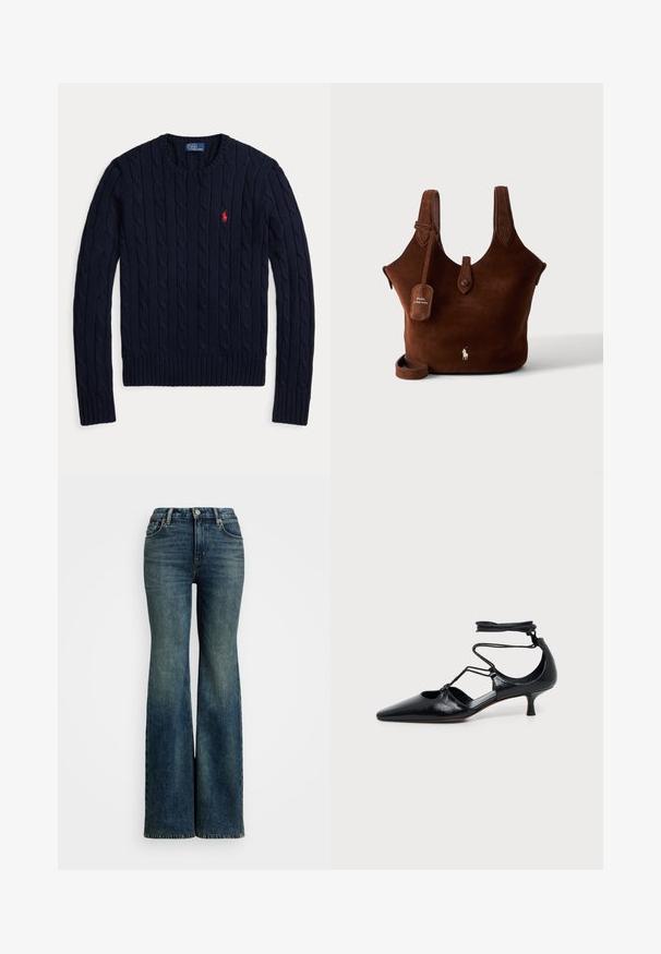 Tmavomodrý sveter so vzorom copov, s dlhým rukávom, okrúhlym výstrihom a červeným logom Polo Ralph Lauren na ľavej strane hrudníka.; Rozšírené modré denimové džínsy s vysokým pásom, vybavené piatimi vreckami a vyšívacími detailmi. Látka má klasickú bledú textúru.; Čierna lodička na nízkom podpätku kitten heel so šnúrkami okolo členka a výrezmi na stranách, zobrazená na jednoduchom svetlom pozadí.; Hnedá semišová kabelka so dvoma ramennými popruhmi, pútkom na zapínanie na gombík a logom Polo Ralph Lauren na prednej strane a visiacej etikete.