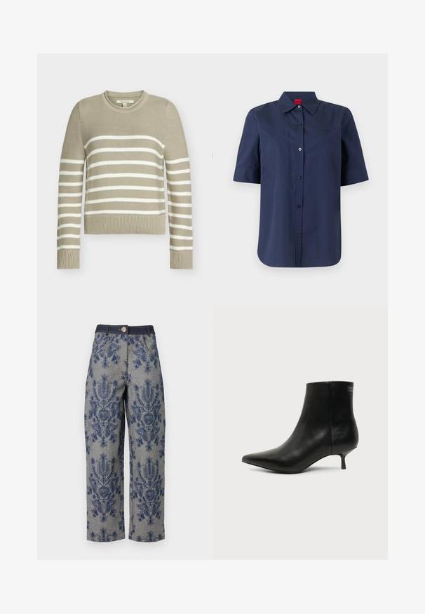 Pull beige en maille avec des rayures blanches horizontales sur la poitrine et les manches, poignets côtelés et col rond.; Chemise bleu marine à manches courtes, boutonnée, avec col et étiquette rouge à l'intérieur du col, devant uni avec logo brodé discret sur la poitrine.; Jean taille haute à jambes larges avec broderie florale bleu foncé sur l'ensemble et une ceinture en denim foncé avec passants de ceinture et bouton à l'avant.; Bottine en cuir noir avec bout pointu et petit talon kitten sur fond clair, vue côté extérieur.
