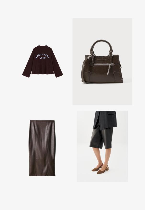 Brun strikket sweater med høj hals og brede ærmer, med teksten "GOOD KARMA CLUB" i lyseblå over forsiden.; Brun læderblyantskørt med en glat tekstur, knælangt, med vertikale sømme for design. Ingen yderligere hardware eller accenter.; Kvinde iført sorte lædershorts til knæet, en sort blazer og brune ruskindssko med lav blokhæl og slingback.; Brun læderhåndtaske med top-håndtag, lynlåslomme foran og vævede detaljer på siderne. Glat tekstur og struktureret form.