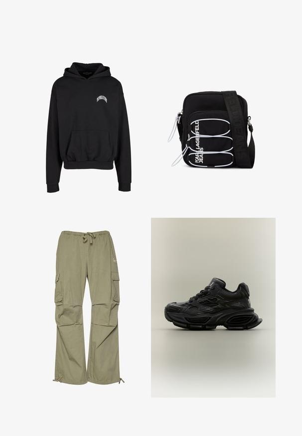 Sort hoodie lavet af en bomuldsblanding, med en frontlomme og ribbede manchetter. "VERDEN ER DIN" trykt i hvid på brystet.; Cargo bukser i olivengrøn, lavet af let stof, med elastisk talje, justerbare manchetter og flere sidelommer.; Sort chunky sneaker med tekstureret design, tyk sål og snørelukning vist mod en almindelig neutral baggrund.; Sort skuldertaske med hvide elastiske løkker, lynlåstræk og hvid "KARL LAGERFELD JEANS" tekst på frontlommen.
