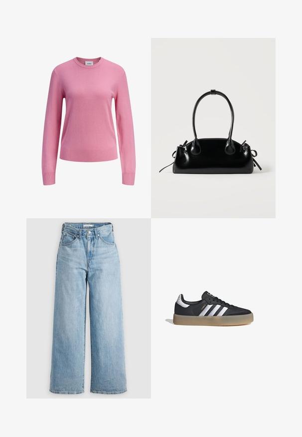Jersey rosa de manga larga con cuello redondo, puños y dobladillo acanalados, textura de punto liso, y una pequeña etiqueta blanca en el interior del cuello con la marca JJXX.; Vaqueros de pierna ancha de color azul claro con una cintura alta, confeccionados en tejido de denimbre. Presentan un diseño clásico de cinco bolsillos y herrajes metálicos.; Zapatilla deportiva de cuero negro con tres rayas plateadas, punta texturizada y suela de goma. Cuenta con un collar acolchado y un diseño con cordones.; Pequeño bolso negro brillante con dos asas largas y detalles de cordón lateral sobre un fondo claro liso.