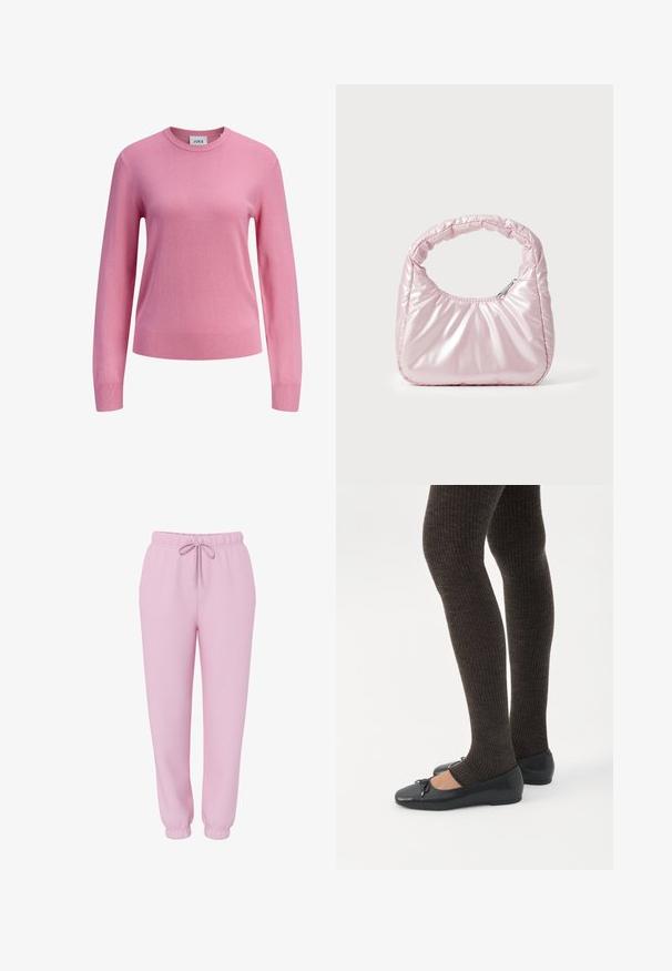 Lyserød langærmet crewneck-sweater med ribbede manchetter og kant, ensfarvet strikket tekstur og et lille hvidt mærke inde i halsudskæringen mærket JJXX.; Lyserøde joggers med elastisk linning, snørebånd, sidelommer og elastiske manchetter, vist på hvid baggrund.; Ben iført mørke ribbede leggings kombineret med sorte balletsko med små sløjfedetaljer på hvid baggrund.; Rosa, polstret håndtaske med afrundet design, lavet af skinnende materiale. Har et samlet håndtag og en lynlås til sikker adgang.