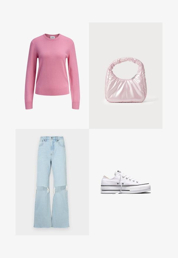 Lyserød langærmet crewneck-sweater med ribbede manchetter og kant, ensfarvet strikket tekstur og et lille hvidt mærke inde i halsudskæringen mærket JJXX.; Lyseblå denim bukser med brede ben, knæudskæringer, frynsede kanter og høj talje. Med frontlukning med knap og lynlås samt klassisk fem-lomme design.; Hvid lavtop lærredssneakers med hvide snørebånd, sorte striber på sålen og gummieret tekstureret tåhætte, sidevendt på hvid baggrund.; Rosa, polstret håndtaske med afrundet design, lavet af skinnende materiale. Har et samlet håndtag og en lynlås til sikker adgang.