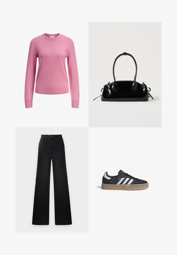 Jersey rosa de manga larga con cuello redondo, puños y dobladillo acanalados, textura de punto liso, y una pequeña etiqueta blanca en el interior del cuello con la marca JJXX.; Pantalones de mezclilla negros de pernera ancha con cintura ajustada, que cuentan con trabillas para el cinturón, bolsillos delanteros y traseros, y una textura suave.; Zapatilla deportiva de cuero negro con tres rayas plateadas, punta texturizada y suela de goma. Cuenta con un collar acolchado y un diseño con cordones.; Pequeño bolso negro brillante con dos asas largas y detalles de cordón lateral sobre un fondo claro liso.