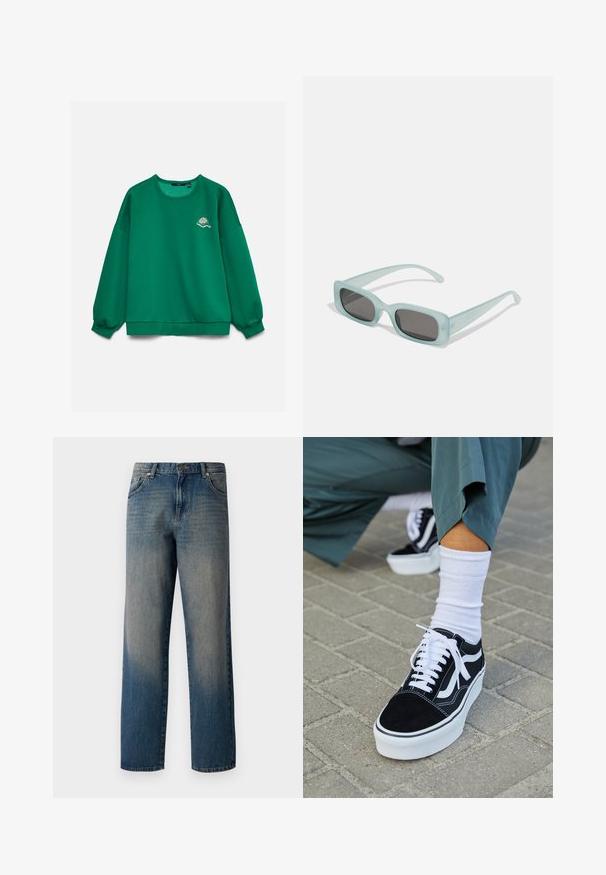 Grøn langærmet sweatshirt med lille broderet tennisracket og bold på venstre bryst, vist på ensfarvet baggrund.; Blå denim jeans med et lige ben design, der har en fading fra mørk til lys, fem-lommemodel og en knaplukning i taljen.; Sorte ruskinds sneakers med hvide accenter og snørebånd, der har en tyk hvid sål og kontrasterende syninger, parret med en hvid sok.; Et par rektangulære solbriller med lyseblå gennemsigtige stel og mørkegrå linser, der har lige templer og minimale hardware detaljer.