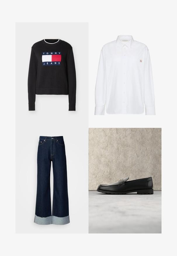 Čierny sveter s okrúhlym výstrihom s logom Tommy Jeans v bielej a červenej farbe na prednej strane, rebrovanými manžetami a lemom, a bielym lemovaním na golieri, manžetách a leme.; Biela košeľa s dlhým rukávom a gombíkmi, so špicatým golierom a malou nášivkou s logom Calvin Klein na ľavej náprsnej vrecku.; Široké tmavé džíny z denimu s rozstrapkaným svetlým denimovým lemom. Obsahujú klasický štýl s piatimi vreckami a kovovú hardvér na páse.; Čierne kožené loafers s vyvýšeným švom, zlatým akcentom loga a textúrovaným pásikom. Obsahuje hrubú, odolnú gumovú podrážku.