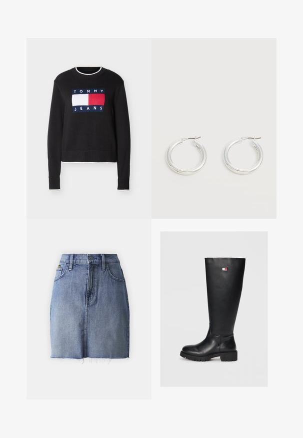 Sort crewneck-trøje med hvidt og rødt Tommy Jeans-logo på fronten, ribstrikkede manchetter og kant samt hvid kant ved hals, manchetter og kant.; Denim mini skirt i falmet blå med en frynset kant, fem-lomme design og traditionel knaplukning. Cotton stof med let tekstur.; Sorte knæhøje støvler lavet af glat læder med en tekstureret gummisål, der har en lille logo-patch i rød, hvid og blå.; Par mellemstore skinnende sølv hoops øreringe med tynde metal spænder på en lys neutral baggrund.